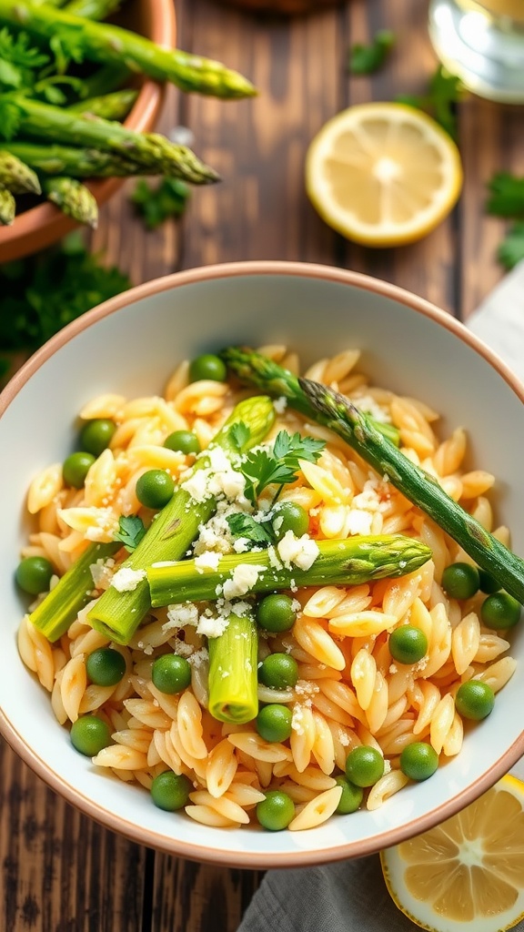 A bowl of lemon garlic asparagus orzo with green asparagus and parmesan, garnished with parsley on a wooden table.